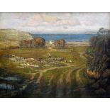 TWENTIETH CENTURY ENGLISH / WELSH SCHOOL oil on canvas - coastal scene with distant boats & woman