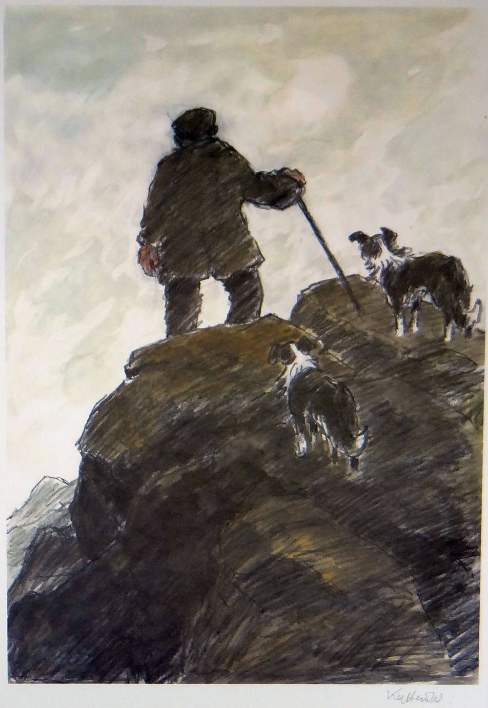 SIR KYFFIN WILLIAMS RA colourwash print - farmer with his two dogs & stick on a hilltop, signed in