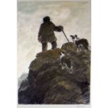 SIR KYFFIN WILLIAMS RA colourwash print - farmer with his two dogs & stick on a hilltop, signed in