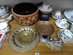 Parcel of brass and copperware, good studio pottery bowl and other studio pottery