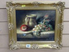 Gilt framed still life study oil on canvas, indistinctly signed, Alastair Kerr, Inverbeg Galleries