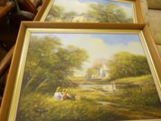 TED DYER oils on canvas, a pair - countryside scenes with figures, cottages and flowers, 29 x 39