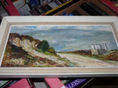 K JOHNSON oil on board - moorland scene, 24 x 54 cms