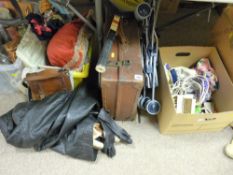 Tub of vintage clothing, handbags, metal bound suitcase etc and a box of household items