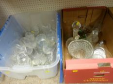 Plastic crate of drinking glassware and another box of glassware including decanter, heavy glass