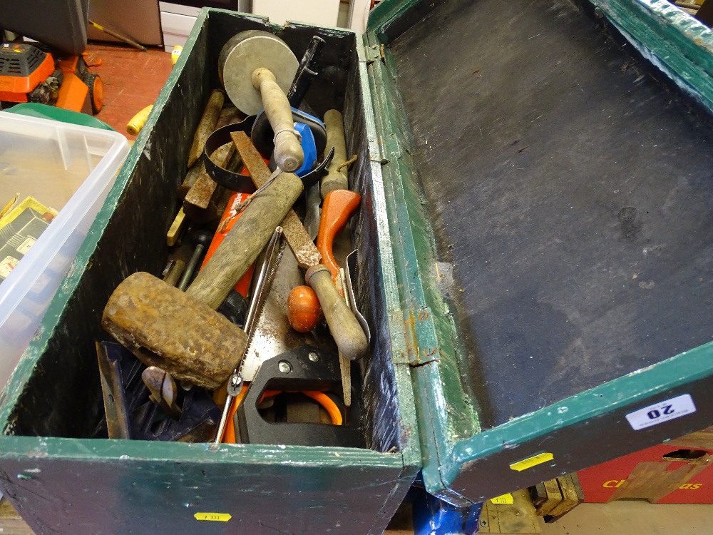 Painted wooden toolbox with contents