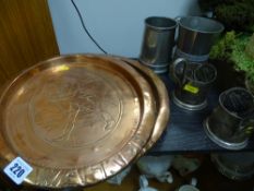 Quantity of white metal and pewter items and a pair of copper trays for Johnnie Walker
