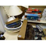 Large parcel of miscellaneous items including washbasins, table lamps, board games, furs, silks etc