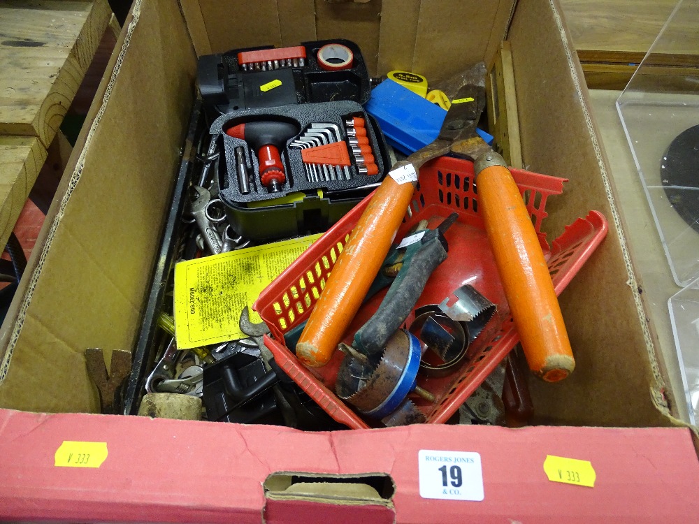 Box of hand tools, small socket set, ring spanners etc