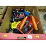 Box of hand tools, small socket set, ring spanners etc