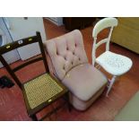 Parcel of three mixed chairs - one white painted, one upholstered button backed chair and a cane