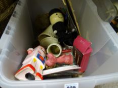 Tub of miscellaneous household items including robot moneybox