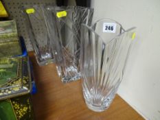 Pair of square based heavy glass vases and another similar quality vase