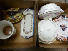 Two Staffs food servers with lids, Masons plate, another plate, modern floral decorated vase and a