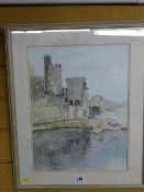 Framed watercolour study of Conwy Castle and Tubular Bridge, initialled 'M W', dated '97