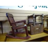 Wooden miniature rocking chair, small stool and a string topped stool