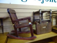 Wooden miniature rocking chair, small stool and a string topped stool
