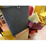 Pair of loom style linen baskets and a tartan suitcase and string topped stool