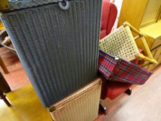 Pair of loom style linen baskets and a tartan suitcase and string topped stool