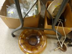 Box of vintage lighting and an amber glass shallow bowl
