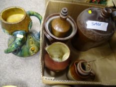 Box of miscellaneous pottery including Majolica type three handled vase