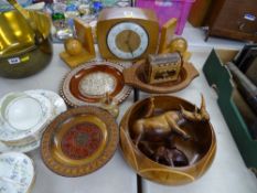 Smiths vintage mantel clock, pair of ball bookends and other items of various treen ware