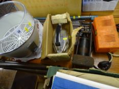 Vintage Phillips floorstanding hairdryer, Tilley vintage iron, vintage Dunlop footpump, battery