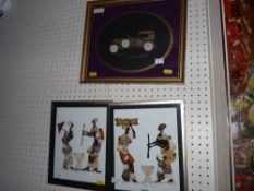 Pair of African scene collages and a framed novelty Rolls Royce collage