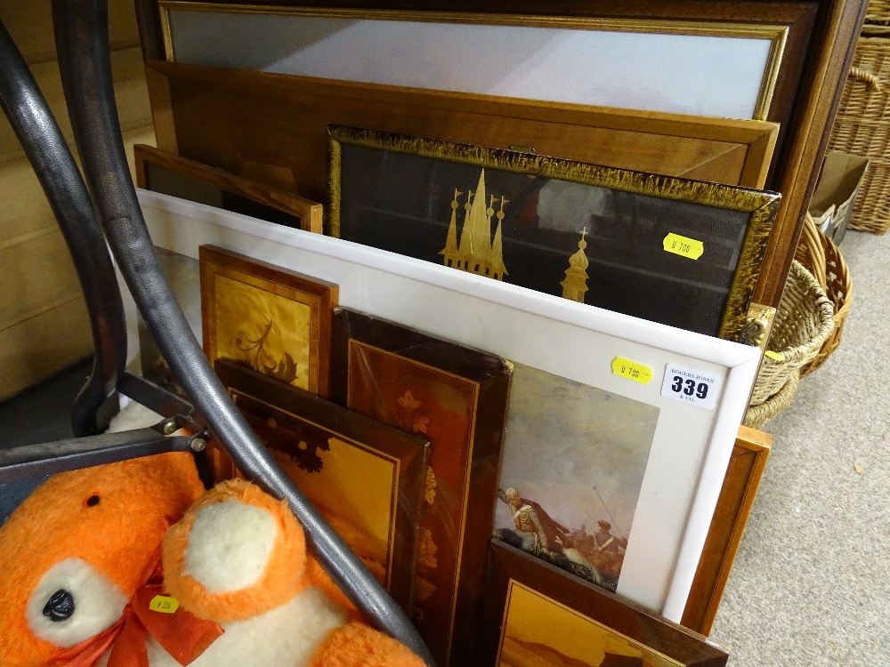 Quantity of marquetry panels with a selection of framed pictures and prints