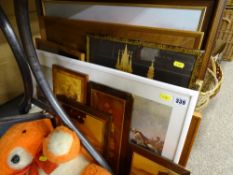 Quantity of marquetry panels with a selection of framed pictures and prints