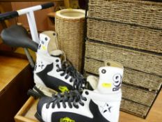 Cane type set of drawers, vase, exercise bike and ice hockey shoes