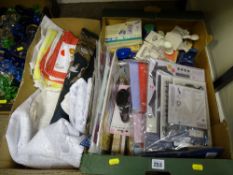 Small box of linen and a box of upholstery/craftware items