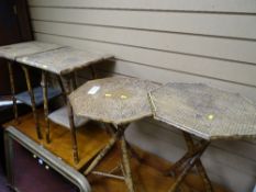 Pair of octagonal rattan and bamboo occasional tables and a pair of square rattan and bamboo tables