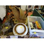 Box of metal items, vintage blow torch, laste etc and a small box of electrical multi-meters etc