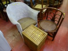 Loom style chair, dark bamboo chair and a rattan and basket weave small linen basket