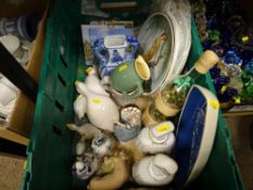 Box of porcelain ornaments, pottery, millefiori glass paperweight etc