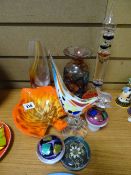 Parcel of art glassware including paperweights, Galileo thermometer etc