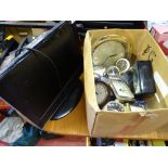 Small screen LCD TV and a box of various clocks etc E/T