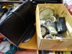 Small screen LCD TV and a box of various clocks etc E/T