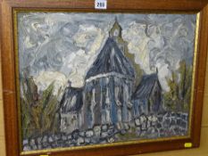 RAYMOND EVANS oil on board - 'Cefn Church' label verso, signed, 36 x 50 cms