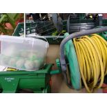 Parcel of garden equipment including hose on reel, Evergreen seed spreader, bird feeders etc