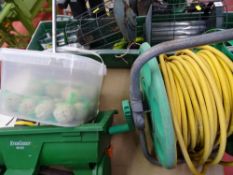 Parcel of garden equipment including hose on reel, Evergreen seed spreader, bird feeders etc