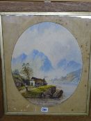 E L HERRING watercolour, oval format - lake and mountain scene, 40 x 33 cms