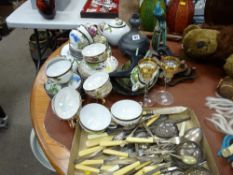 Large parcel of lustre teaware, Oriental teaware, peacock figurine, glassware, cutlery etc