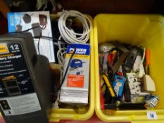 Two tubs containing small quantity of garage items, tools and a Powercraft 750w jigsaw and a