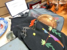 Parcel of mixed items including Oriental scene embroidered jacket, metalware, boxed massager etc