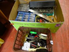 Box of garage items, screwdrivers, hole punch, screws, fixings, small toolbox and contents etc
