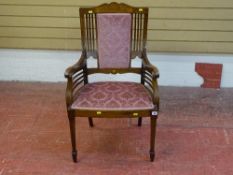 Mahogany and inlaid armchair with floral back and matching seat, on tapered supports