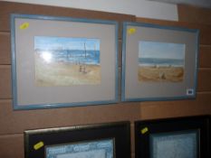 S P oils on board, a pair - seaside scenes, initialled, 15 x 20 cms