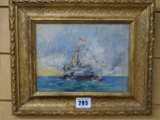 Unsigned watercolour - 'HMS Collingwood at the 1902 Review' label verso, 14 x 19 cms